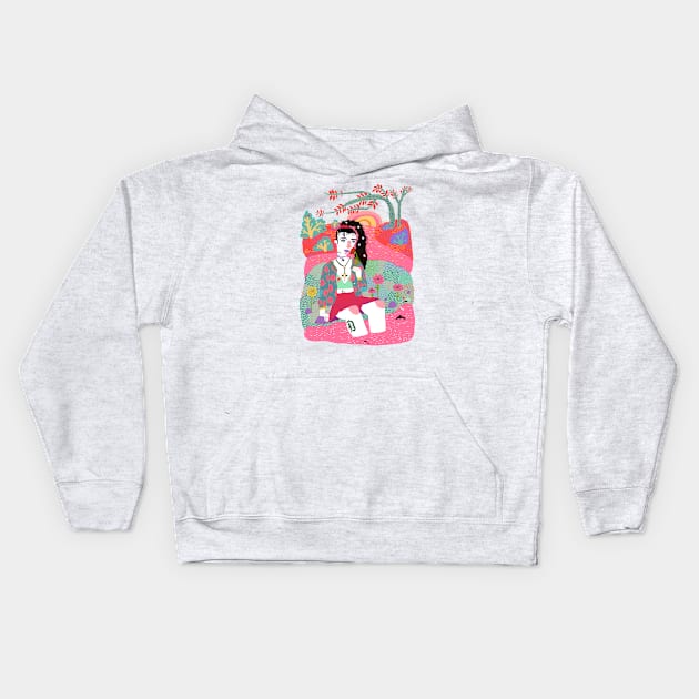 Girl sitting alone in the grass by the river Kids Hoodie by ezrawsmith